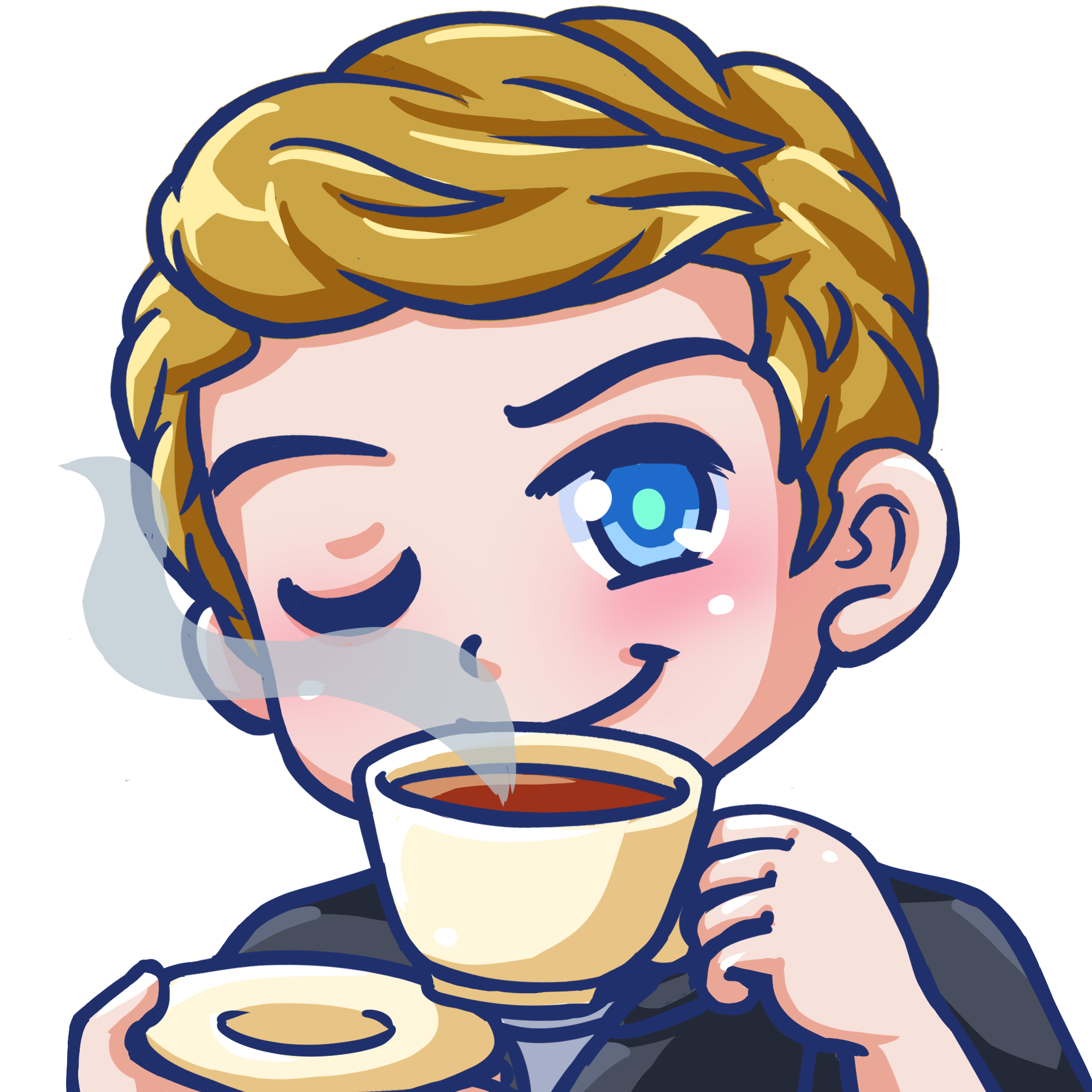 Cartoon character of Jack's likeness winking with a cup of tea
